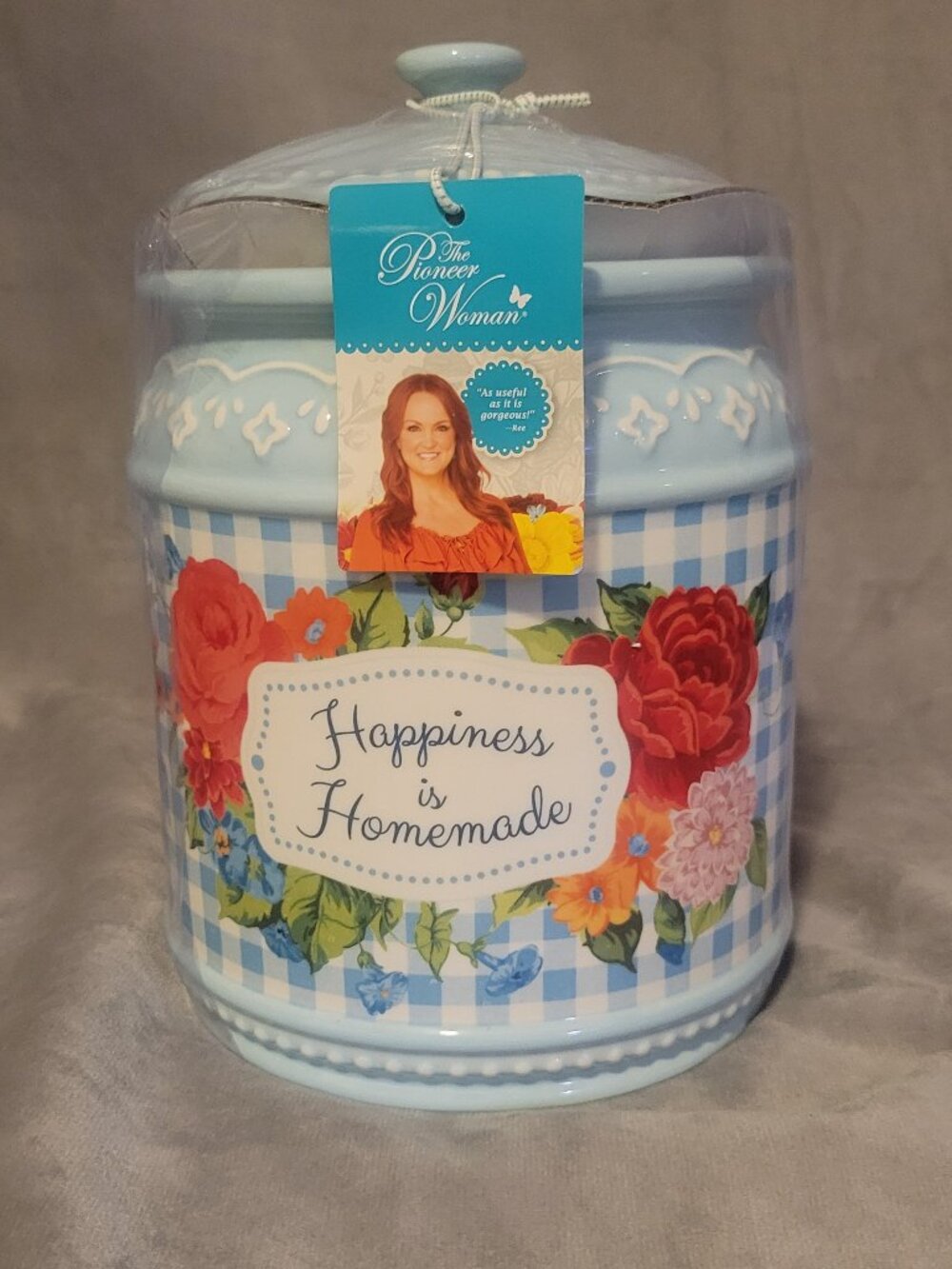 The Pioneer Woman Sweet Rose Stoneware Cookie Jar Light Blue Floral 6.89" Round